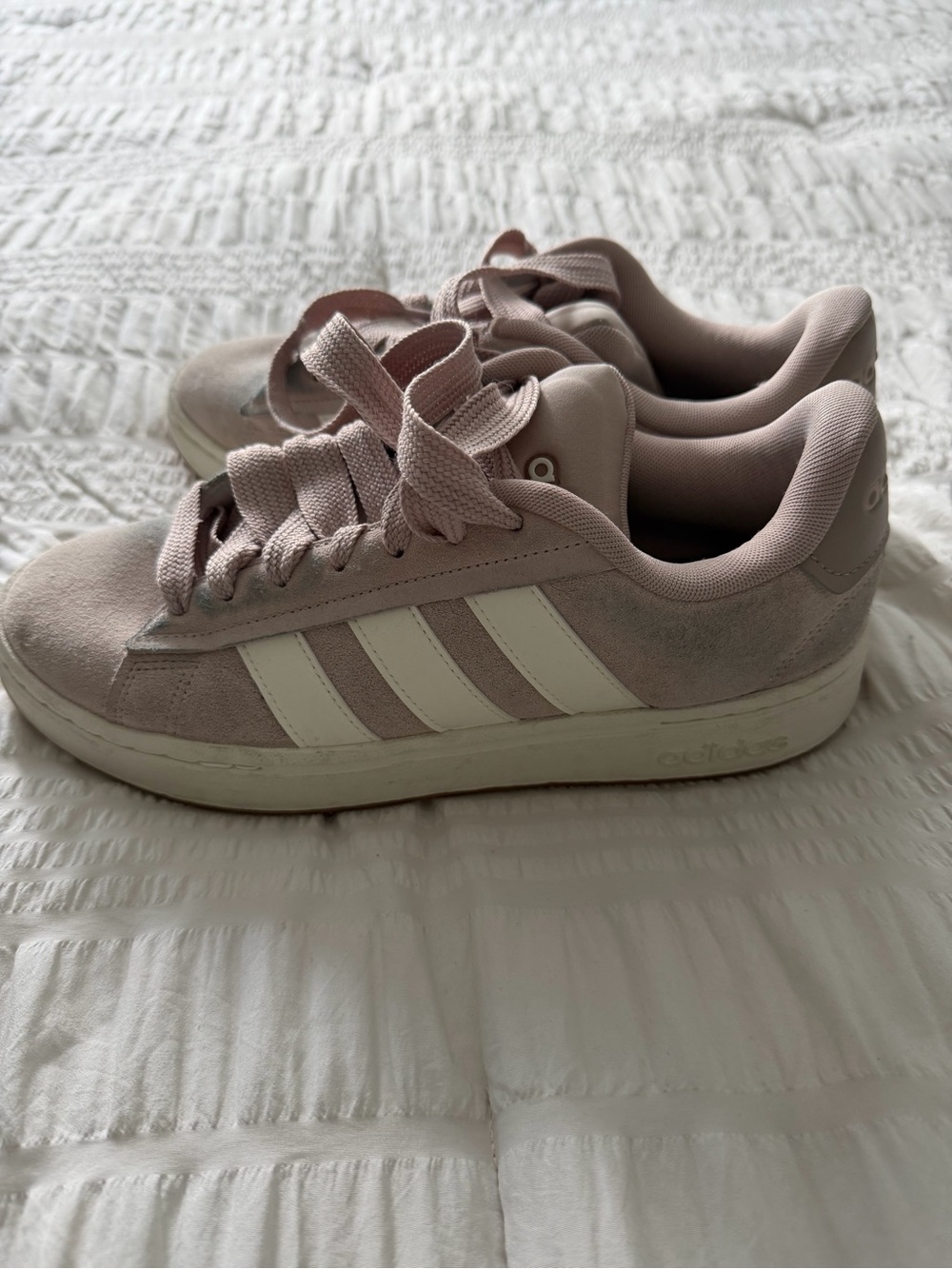 adidas Women’s Blush Pink Suede Low-Top Sneakers with White Stripes